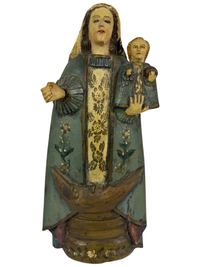 Antique Mexican Santos Hand Carved And Hand Painted Wooden Sculpture Of The Madonna And Christ Child Standing On A Crescent Moon 11.5H