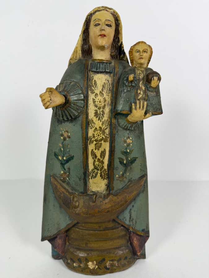 Antique Mexican Santos Hand Carved And Hand Painted Wooden Sculpture Of The Madonna And Christ Child Standing On A Crescent Moon 11.5H [Photo 2]