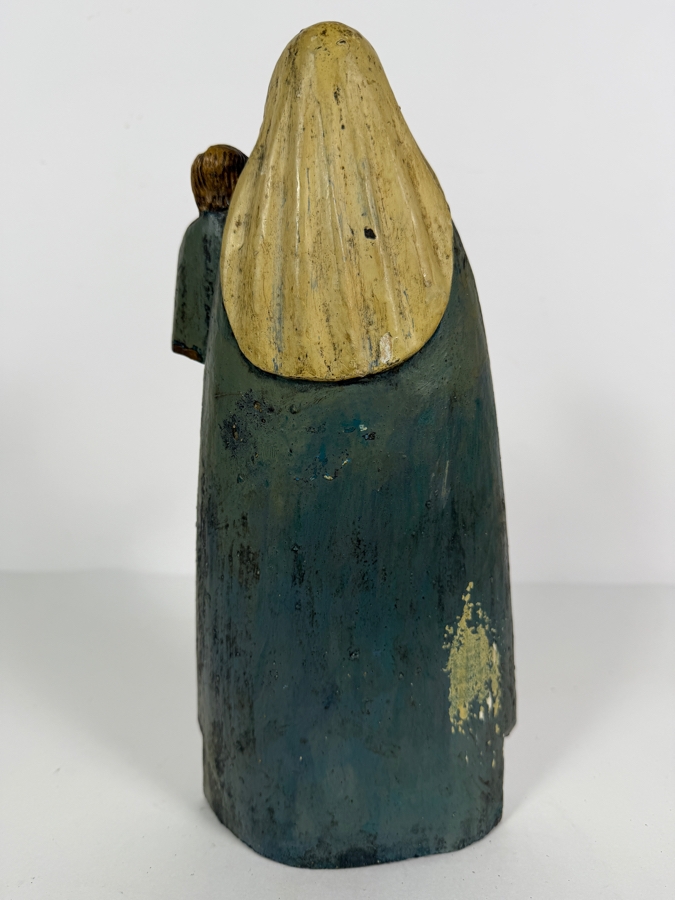 Antique Mexican Santos Hand Carved And Hand Painted Wooden Sculpture Of The Madonna And Christ Child Standing On A Crescent Moon 11.5H [Photo 10]