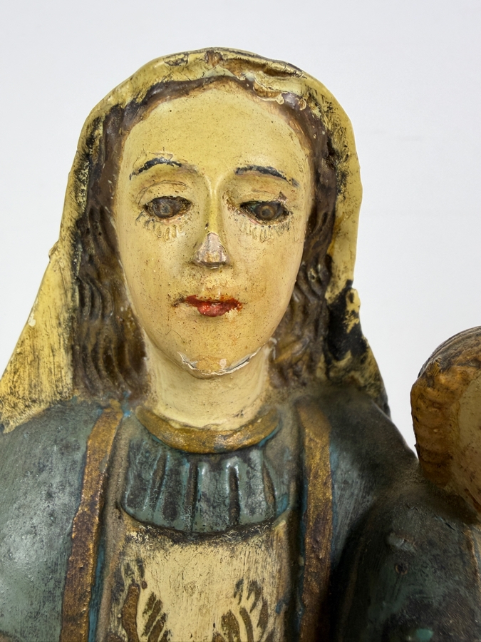 Antique Mexican Santos Hand Carved And Hand Painted Wooden Sculpture Of The Madonna And Christ Child Standing On A Crescent Moon 11.5H [Photo 6]