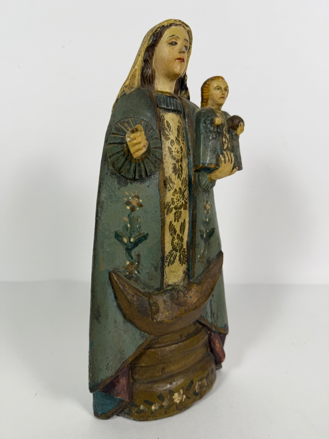 Antique Mexican Santos Hand Carved And Hand Painted Wooden Sculpture Of The Madonna And Christ Child Standing On A Crescent Moon 11.5H [Photo 9]
