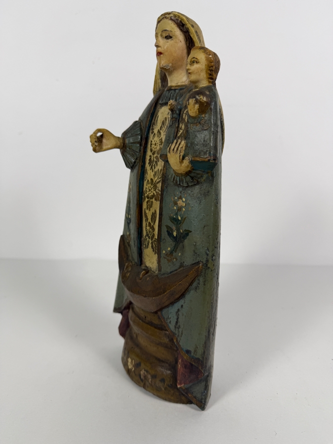 Antique Mexican Santos Hand Carved And Hand Painted Wooden Sculpture Of The Madonna And Christ Child Standing On A Crescent Moon 11.5H [Photo 11]