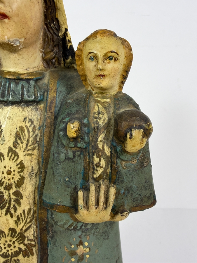 Antique Mexican Santos Hand Carved And Hand Painted Wooden Sculpture Of The Madonna And Christ Child Standing On A Crescent Moon 11.5H [Photo 4]