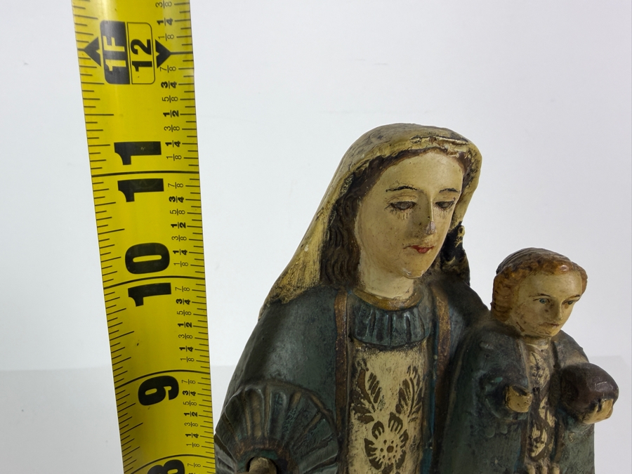 Antique Mexican Santos Hand Carved And Hand Painted Wooden Sculpture Of The Madonna And Christ Child Standing On A Crescent Moon 11.5H [Photo 13]