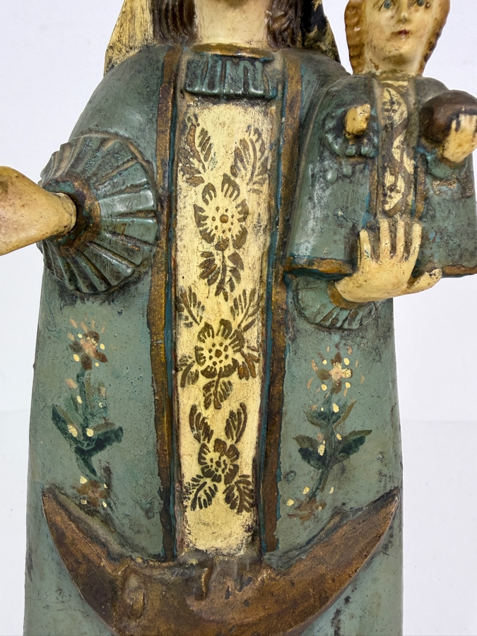 Antique Mexican Santos Hand Carved And Hand Painted Wooden Sculpture Of The Madonna And Christ Child Standing On A Crescent Moon 11.5H [Photo 7]