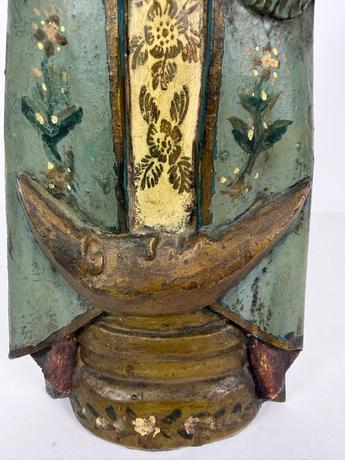 Antique Mexican Santos Hand Carved And Hand Painted Wooden Sculpture Of The Madonna And Christ Child Standing On A Crescent Moon 11.5H [Photo 8]