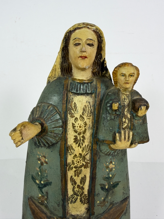 Antique Mexican Santos Hand Carved And Hand Painted Wooden Sculpture Of The Madonna And Christ Child Standing On A Crescent Moon 11.5H [Photo 3]