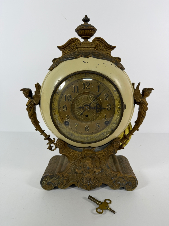 Antique New Haven Clock Co Spelter Cherub Spherical Mantel Clock Made In USA 11'W X 4'D X 14'H [Photo 2]