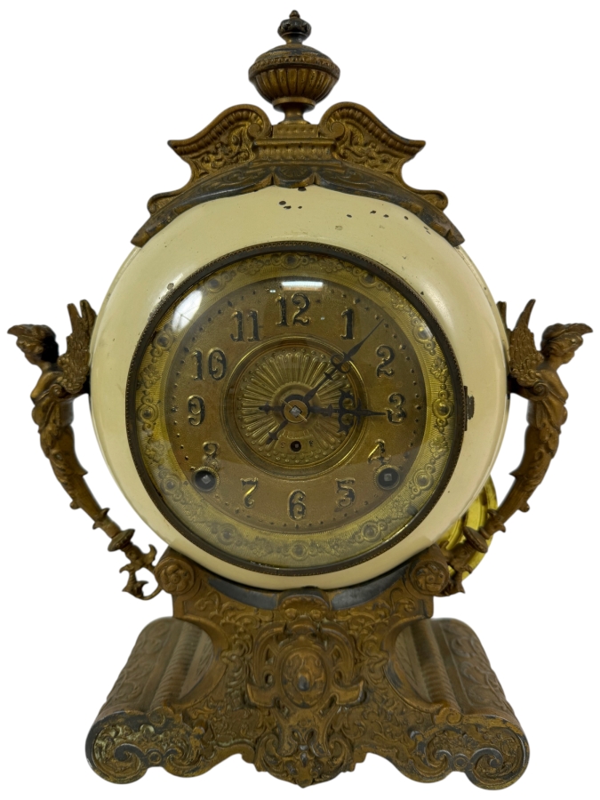 Antique New Haven Clock Co Spelter Cherub Spherical Mantel Clock Made In USA 11'W X 4'D X 14'H