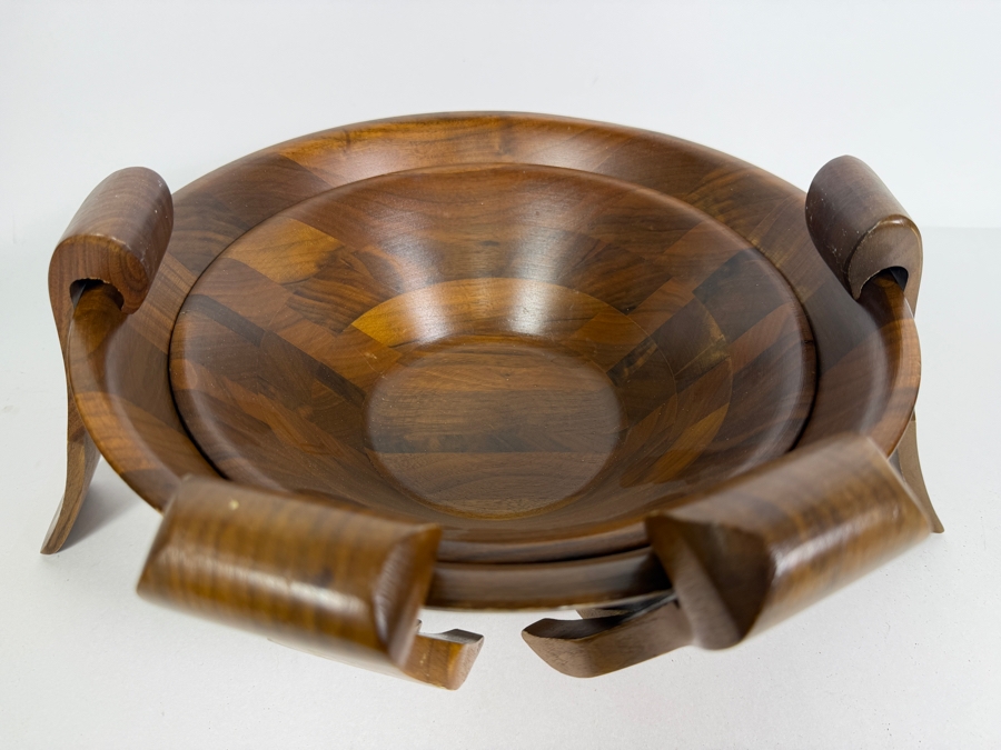 Vintage Burl Walnut Manufacturing Co Handcrafted Segmented Wood Wave Salad Bowl Made In USA [Photo 3]
