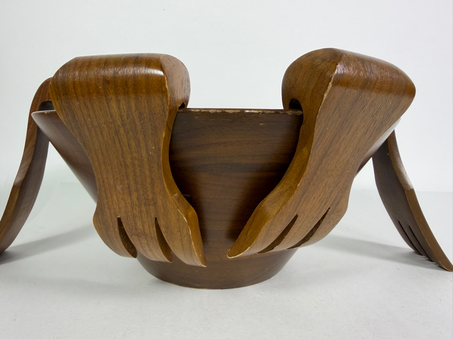 Vintage Burl Walnut Manufacturing Co Handcrafted Segmented Wood Wave Salad Bowl Made In USA [Photo 5]