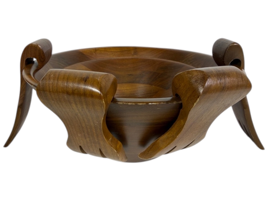 Vintage Burl Walnut Manufacturing Co Handcrafted Segmented Wood Wave Salad Bowl Made In USA