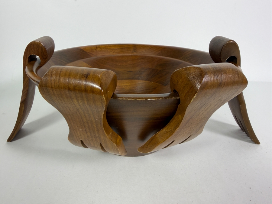Vintage Burl Walnut Manufacturing Co Handcrafted Segmented Wood Wave Salad Bowl Made In USA [Photo 4]