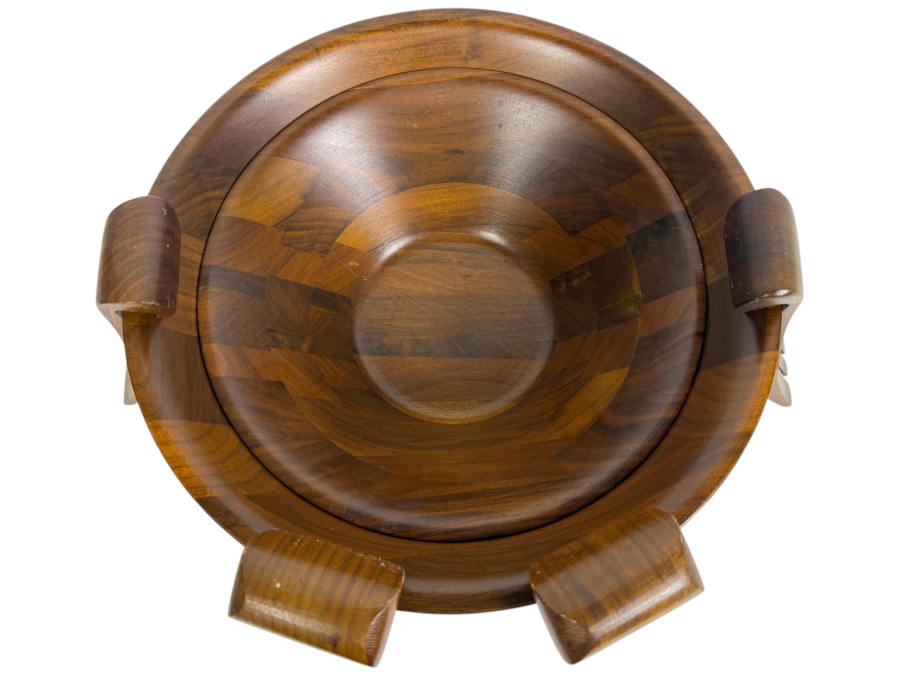 Vintage Burl Walnut Manufacturing Co Handcrafted Segmented Wood Wave Salad Bowl Made In USA [Photo 2]