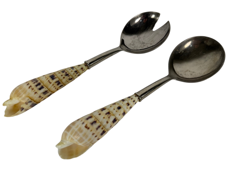 Vintage Mud Pie Stainless Steel Salad Servers With Natural Marlin Spike Seashell Handles 9.5'L