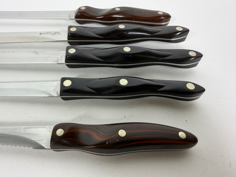 Set of (5) Vintage Cutco Double-D Serrated Edge Knife Set With Classic Dark Brown Thermo-Resin Handles Made In USA [Photo 4]