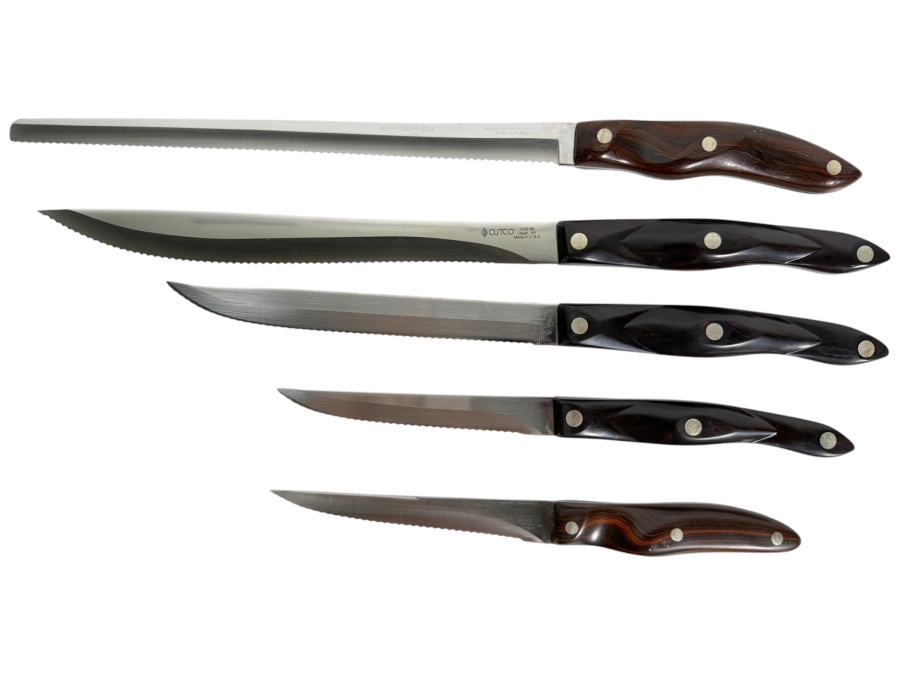 Set of (5) Vintage Cutco Double-D Serrated Edge Knife Set With Classic Dark Brown Thermo-Resin Handles Made In USA