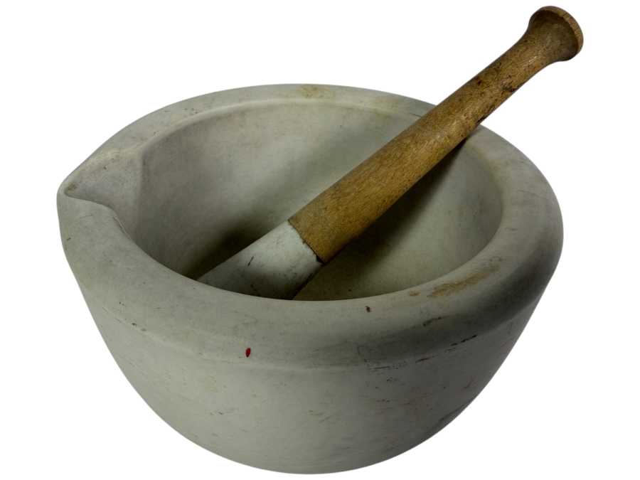 Vintage Thomas Maddock & Sons T.P. Co. Apothecary Acid Proof White Ceramic Mortar And Pestle Set Made In USA