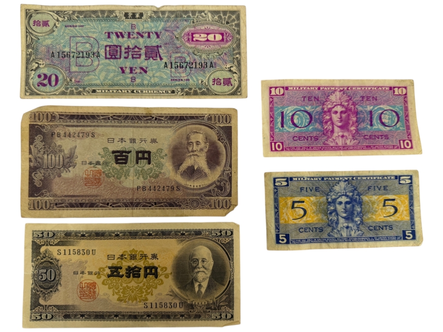 Collection Of Vintage WWII US Military Payment Certificates Series 461 And Allied Occupation B-Yen Banknotes 