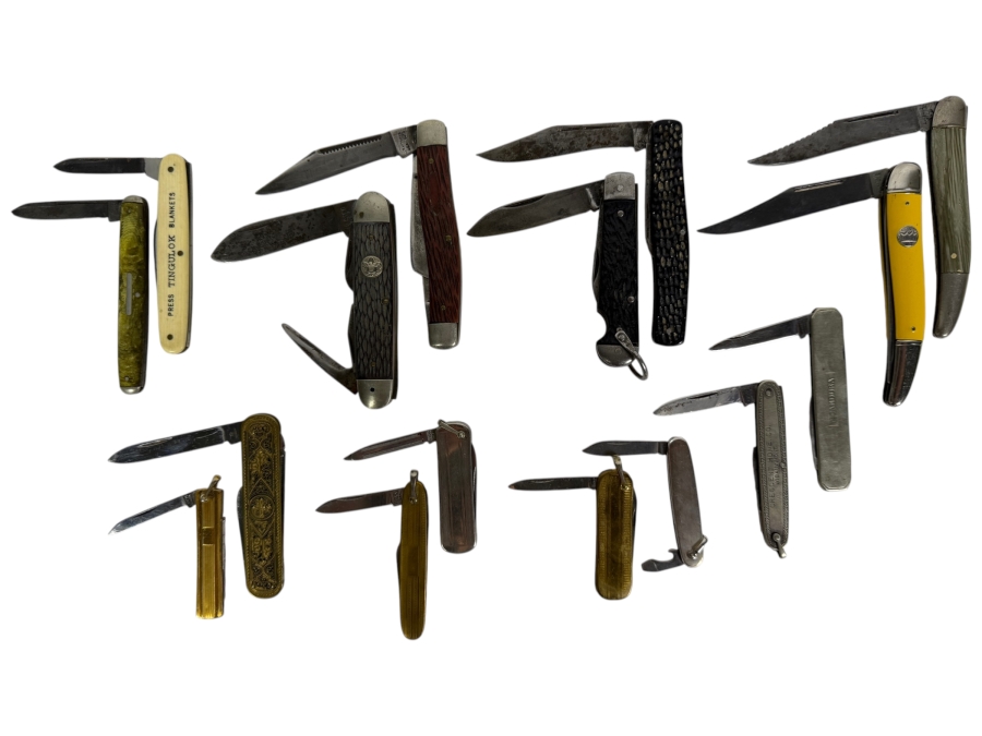 Collection Of Vintage Folding Pocket Knives Including Imperial Ulster And Advertising Multi Tools Made In USA
