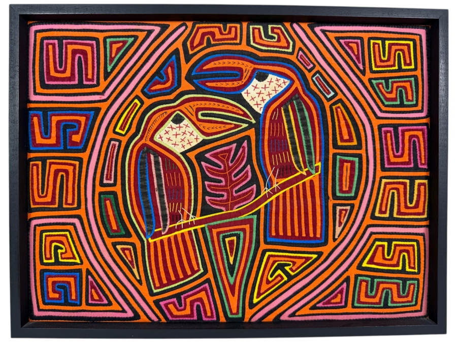 Vintage Framed Kuna Guna Indigenous Hand Sewn Mola Toucan Bird Reverse Applique Textile Art Panel Made In Panama 12'W X 16'H