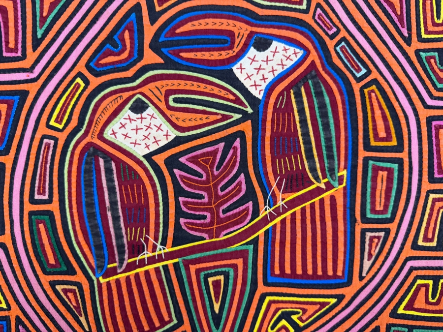 Vintage Framed Kuna Guna Indigenous Hand Sewn Mola Toucan Bird Reverse Applique Textile Art Panel Made In Panama 12'W X 16'H [Photo 3]