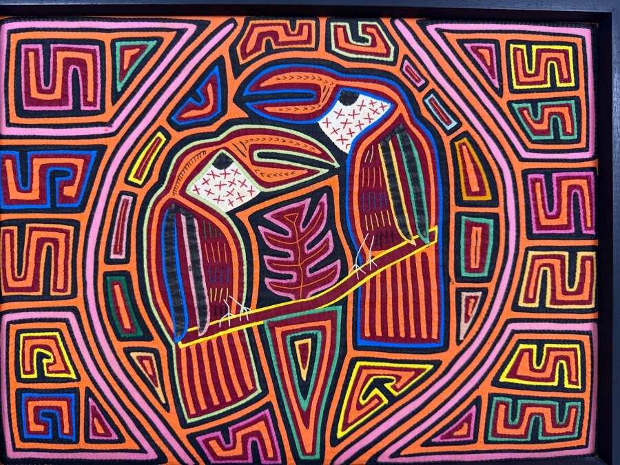 Vintage Framed Kuna Guna Indigenous Hand Sewn Mola Toucan Bird Reverse Applique Textile Art Panel Made In Panama 12'W X 16'H [Photo 2]