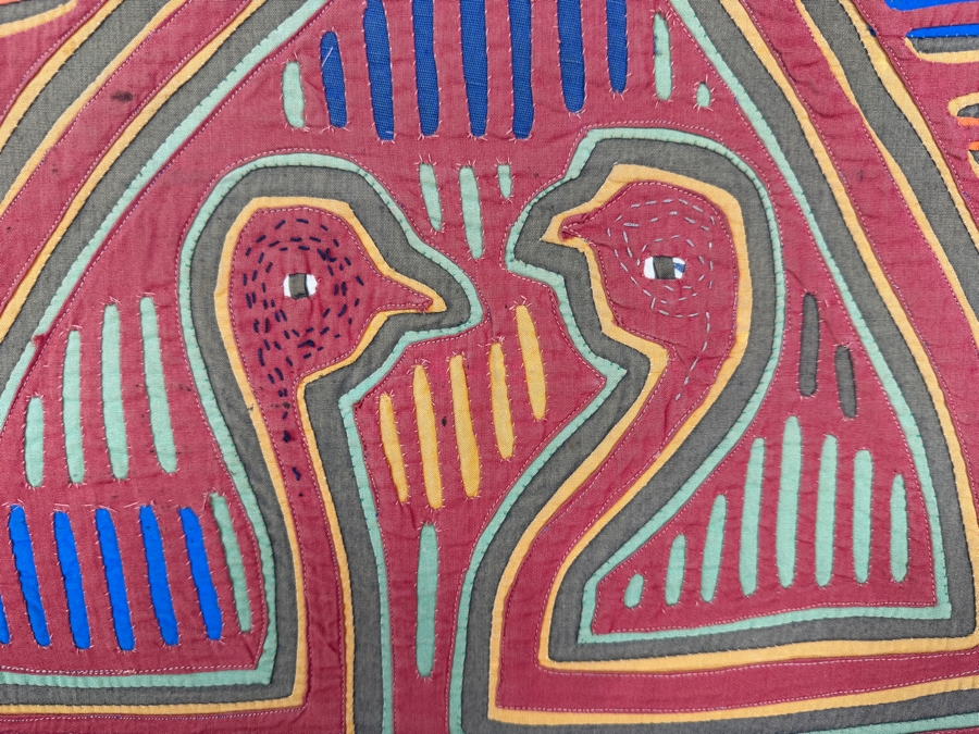 Vintage Framed Kuna Guna Indigenous Hand Sewn Mola Four Birds Reverse Applique Textile Art Panel Made In Panama 18'W X 15'h [Photo 3]