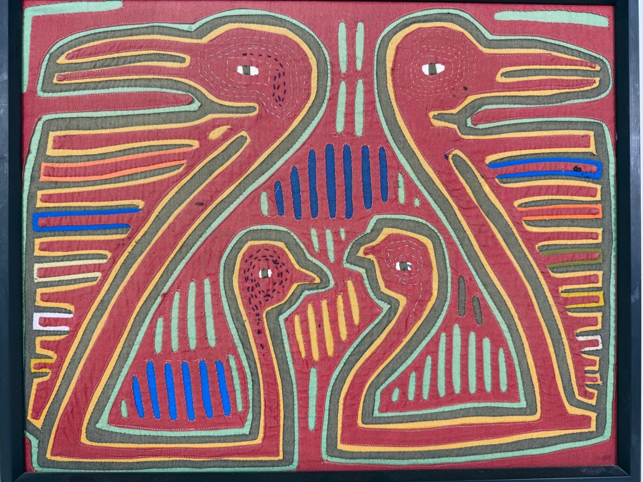 Vintage Framed Kuna Guna Indigenous Hand Sewn Mola Four Birds Reverse Applique Textile Art Panel Made In Panama 18'W X 15'h [Photo 2]