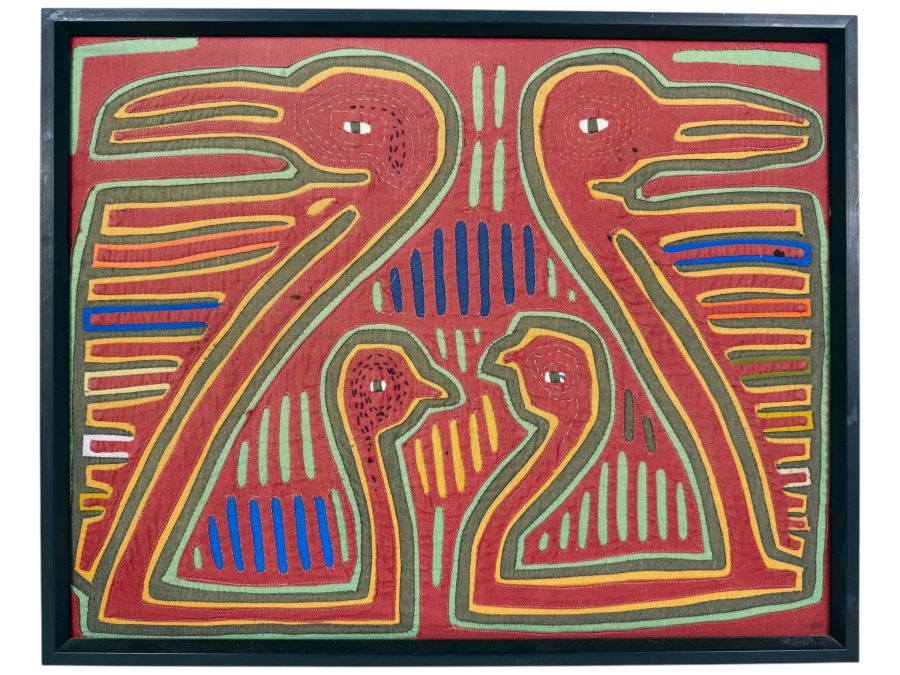 Vintage Framed Kuna Guna Indigenous Hand Sewn Mola Four Birds Reverse Applique Textile Art Panel Made In Panama 18'W X 15'h