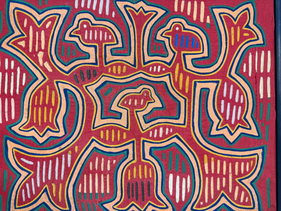 Vintage Framed Kuna Guna Indigenous Hand Sewn Mola Birds And Stylized Flowers Reverse Applique Textile Panel Made In Panama 18'W X 15'H [Photo 3]
