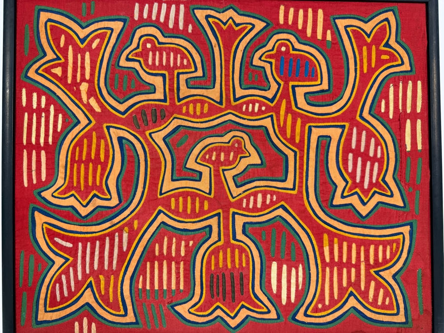 Vintage Framed Kuna Guna Indigenous Hand Sewn Mola Birds And Stylized Flowers Reverse Applique Textile Panel Made In Panama 18'W X 15'H [Photo 2]