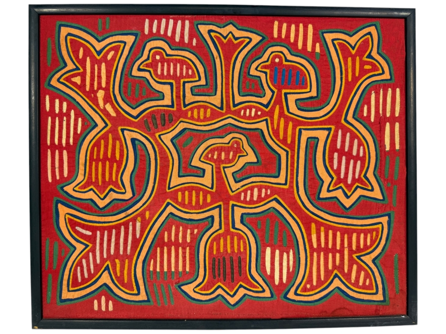 Vintage Framed Kuna Guna Indigenous Hand Sewn Mola Birds And Stylized Flowers Reverse Applique Textile Panel Made In Panama 18'W X 15'H