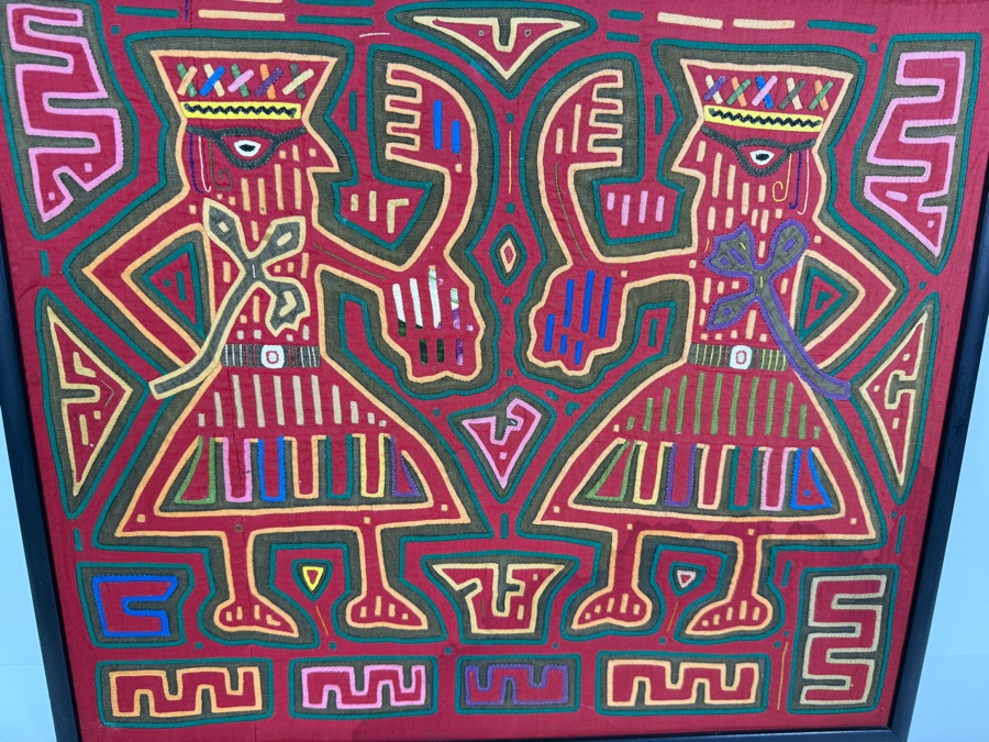 Vintage Framed Kuna Guna Indigenous Hand Sewn Mola Two Figures Anthropomorphic Reverse Applique Textile Panel Made In Panama 19'W X 16'H [Photo 2]