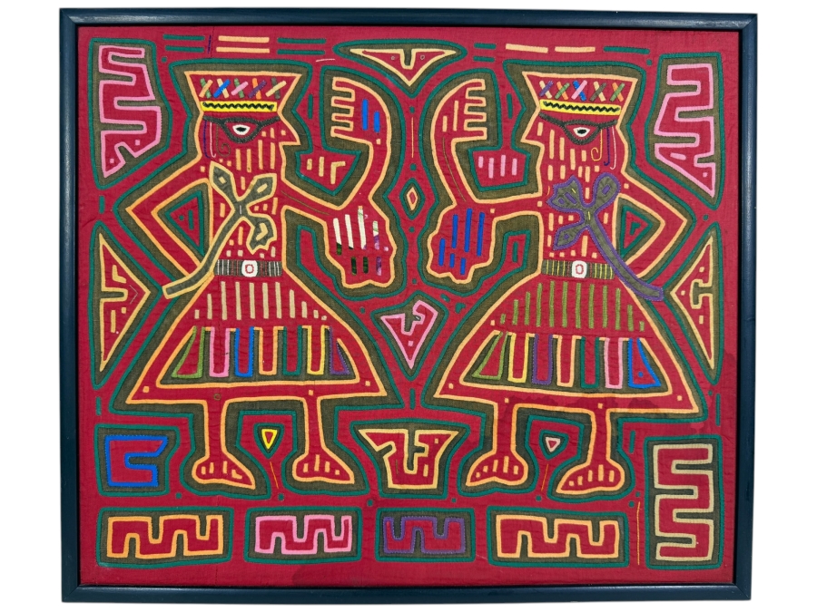 Vintage Framed Kuna Guna Indigenous Hand Sewn Mola Two Figures Anthropomorphic Reverse Applique Textile Panel Made In Panama 19'W X 16'H