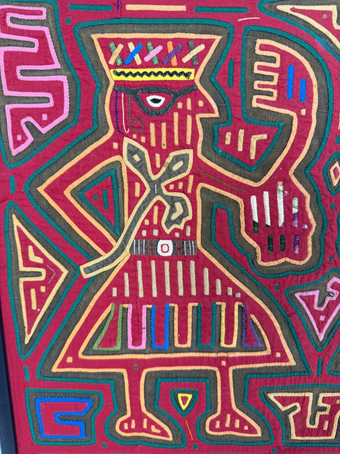 Vintage Framed Kuna Guna Indigenous Hand Sewn Mola Two Figures Anthropomorphic Reverse Applique Textile Panel Made In Panama 19'W X 16'H [Photo 3]