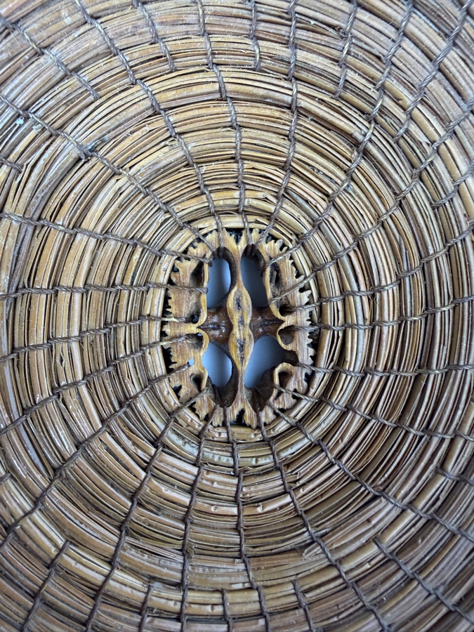 Vintage Handcrafted Coiled Pine Needle Basket With Black Walnut Slice Accents And Twin Loop Handles Made In USA 11'W [Photo 4]