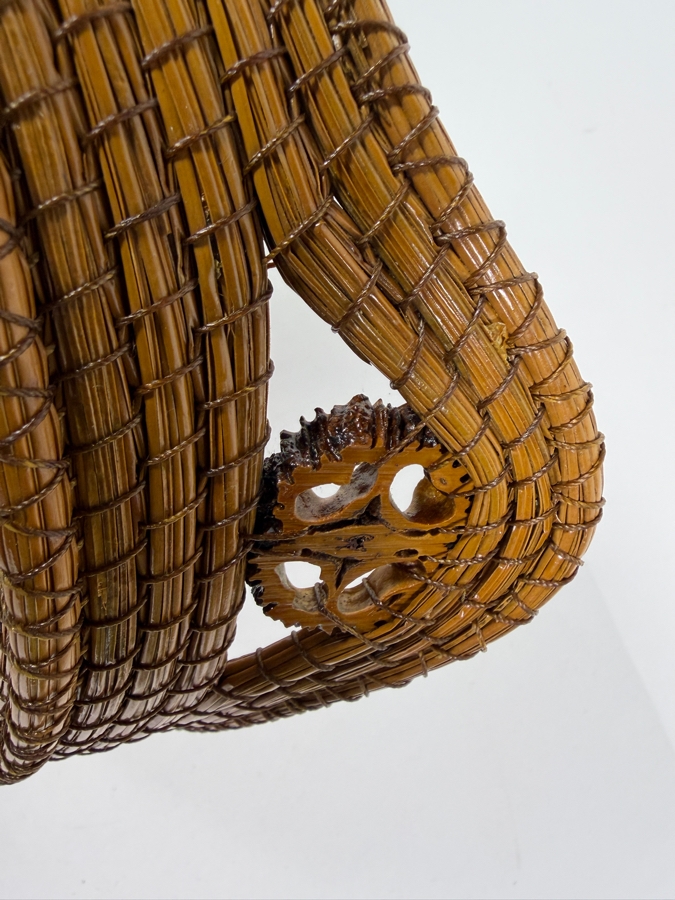 Vintage Handcrafted Coiled Pine Needle Basket With Black Walnut Slice Accents And Twin Loop Handles Made In USA 11'W [Photo 5]