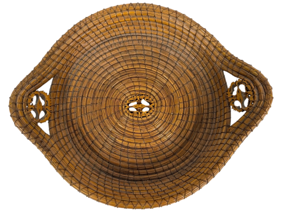 Vintage Handcrafted Coiled Pine Needle Basket With Black Walnut Slice Accents And Twin Loop Handles Made In USA 11'W