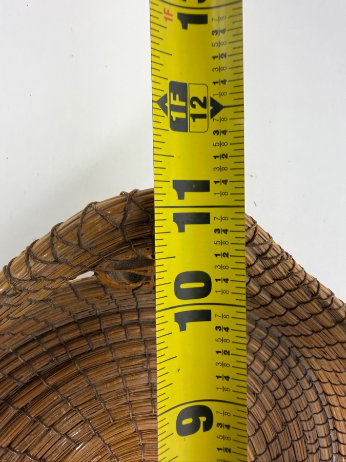 Vintage Handcrafted Coiled Pine Needle Basket With Black Walnut Slice Accents And Twin Loop Handles Made In USA 11'W [Photo 7]