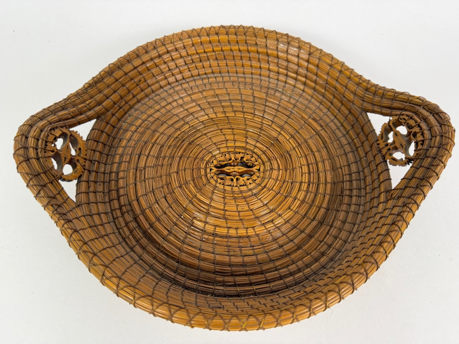 Vintage Handcrafted Coiled Pine Needle Basket With Black Walnut Slice Accents And Twin Loop Handles Made In USA 11'W [Photo 3]