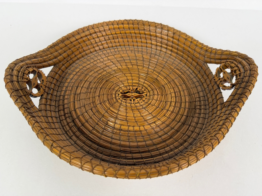 Vintage Handcrafted Coiled Pine Needle Basket With Black Walnut Slice Accents And Twin Loop Handles Made In USA 11'W [Photo 2]