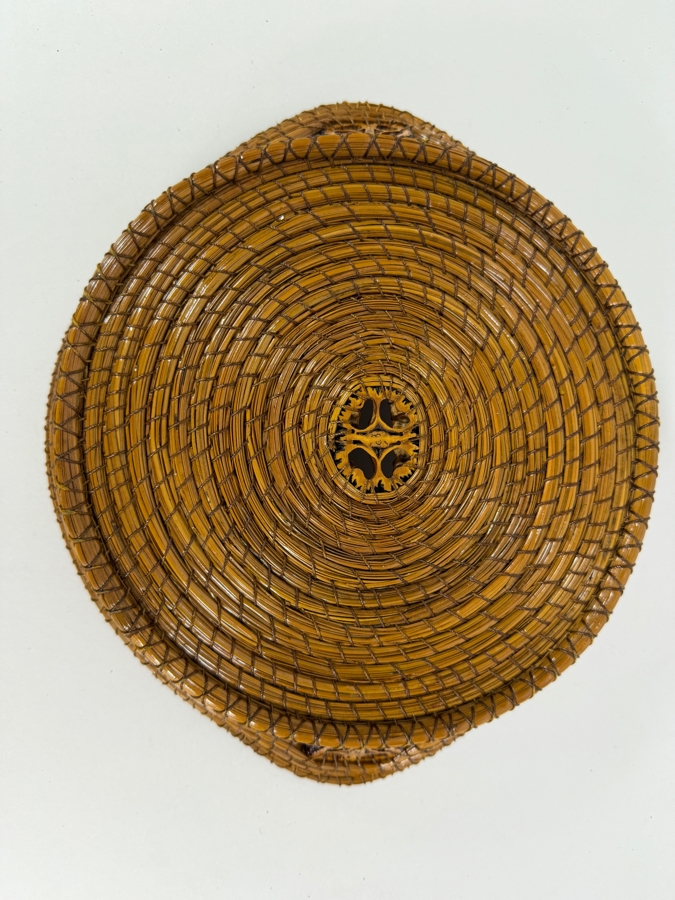 Vintage Handcrafted Coiled Pine Needle Basket With Black Walnut Slice Accents And Twin Loop Handles Made In USA 11'W [Photo 6]