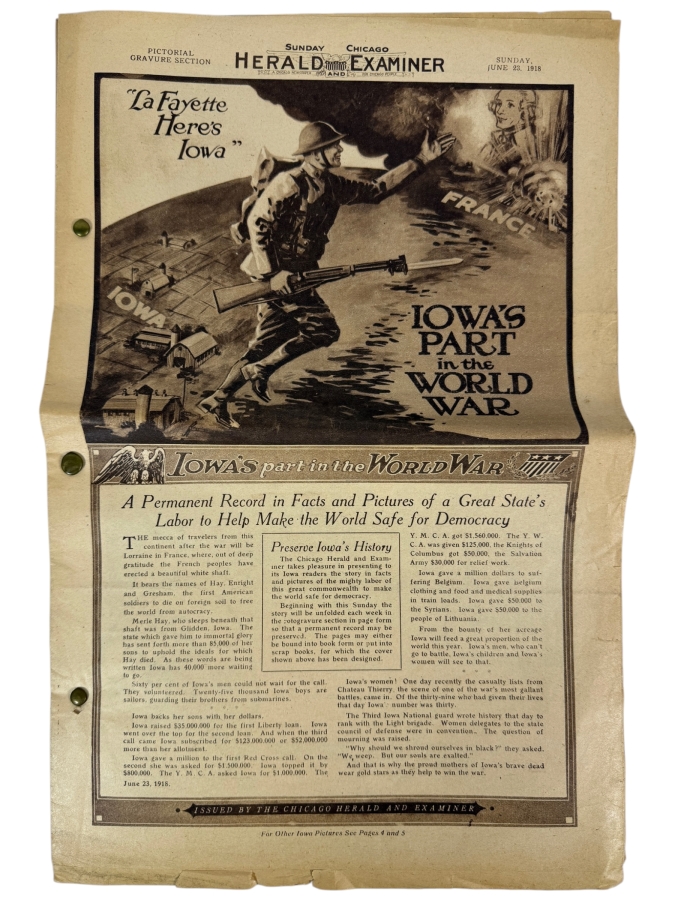 Vintage 1918 Pictorial Gravure Section From the Sunday Chicago Herald and Examiner 'Iowa's Part in the World War'