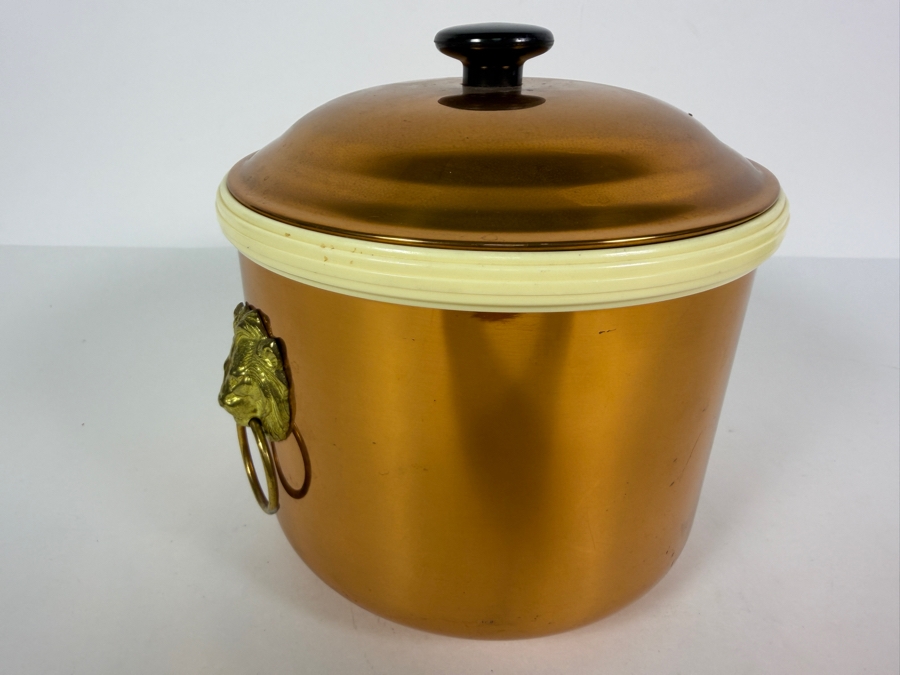 Vintage Coppercraft Guild Ice Bucket From Taunton, Mass Featuring Brass Lion Head Handles 7.5'W X 7.5'H [Photo 2]