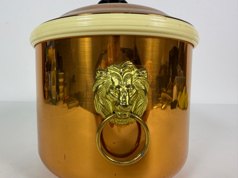 Vintage Coppercraft Guild Ice Bucket From Taunton, Mass Featuring Brass Lion Head Handles 7.5'W X 7.5'H [Photo 3]