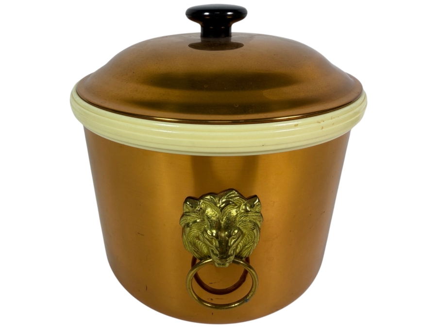 Vintage Coppercraft Guild Ice Bucket From Taunton, Mass Featuring Brass Lion Head Handles 7.5'W X 7.5'H