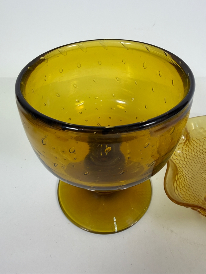 Mid-century Modern Bischoff Amber Glass Compote 6.25'H and Fenton Art Glass Company Footed Hobnail Candy Dish [Photo 5]
