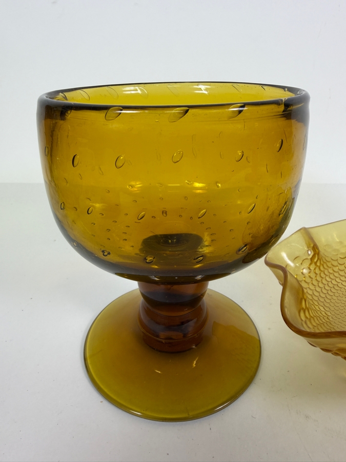 Mid-century Modern Bischoff Amber Glass Compote 6.25'H and Fenton Art Glass Company Footed Hobnail Candy Dish [Photo 4]