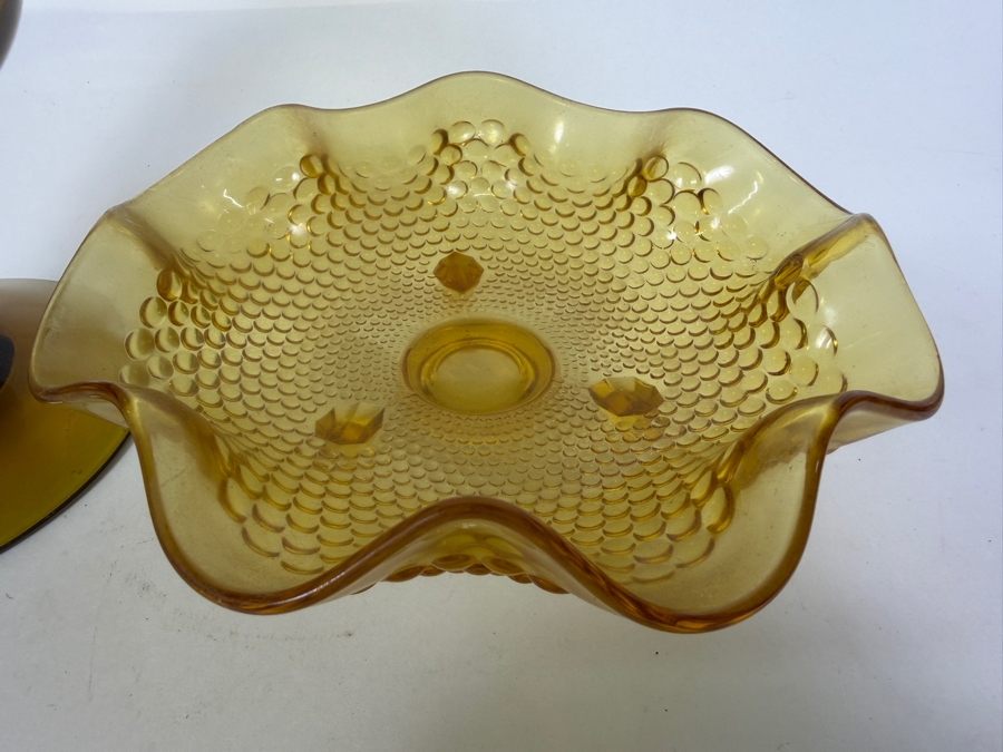 Mid-century Modern Bischoff Amber Glass Compote 6.25'H and Fenton Art Glass Company Footed Hobnail Candy Dish [Photo 6]